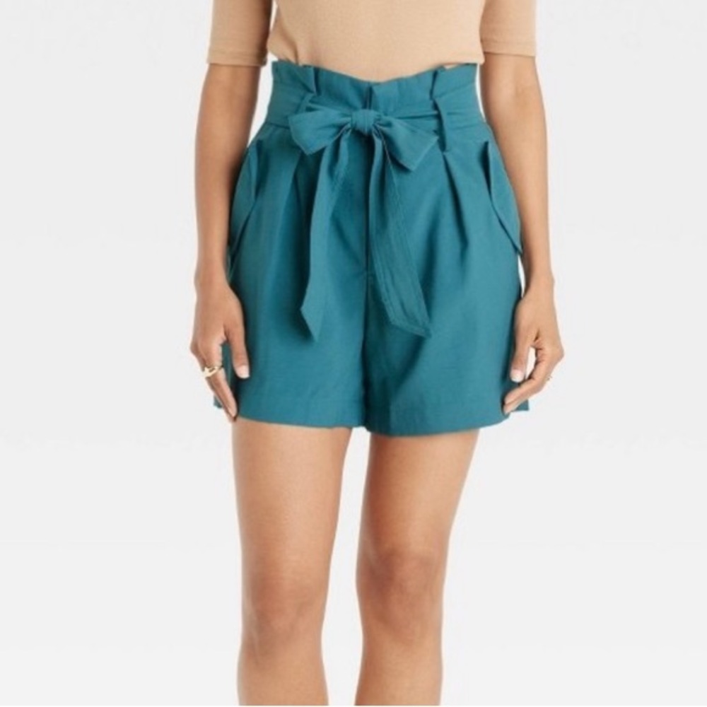 A New Day Teal High Waist Pocket Paperbag Shorts Size 16